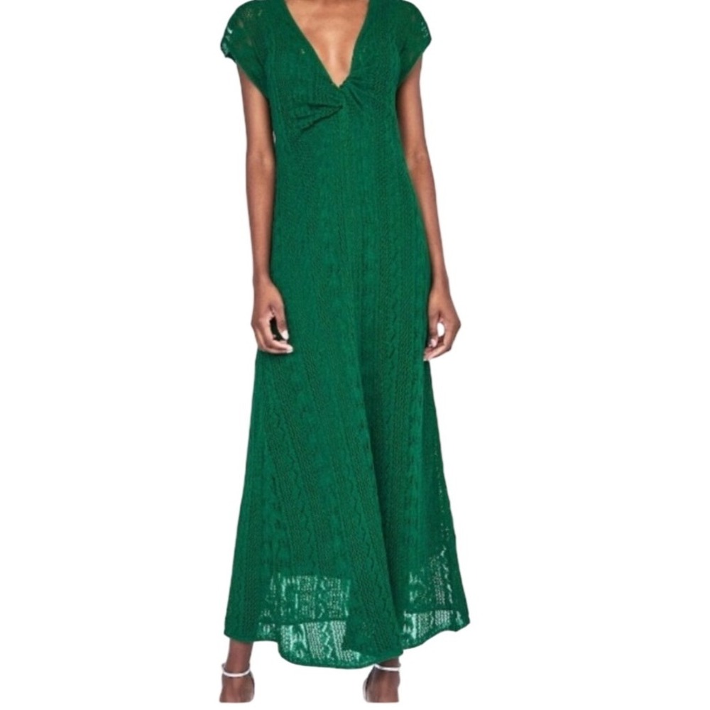 Zara Green V‑Neck Knit Maxi Dress